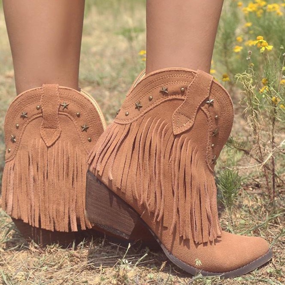 Tan fringe booties